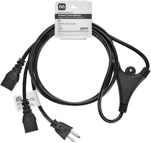 Monoprice Power Cord Splitter - NEMA 5-15P to 2X IEC 60320 C13, 10 Amp, 1250 Watt, SVT, 18AWG, 6 Feet, Black...