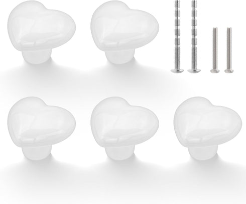 6 Pcs White Ceramic Drawer Knobs, Heart Cabinet Knobs Decorative Dresser Knobs Drawer Pulls Handles, Cute Cupboard Door Knobs Kids Children Cabine...
