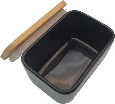 Butter Dish with Lid, Porcelain Keeper with Wood Lid Cover for Butter, Microwave Safe Easy Clean Butter Storage Container for Countertop and Refri...
