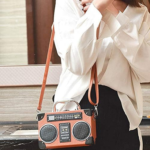 Vintage Radio Clutch Handbag Leather Top Handle Crossbody Shoulder Bag...