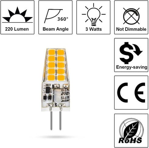 G4 LED Bulb 3W, 12V 20W G4 Halogen Bulb Equivalent, Warm White 3000K, Not Dimmable JC G4 Bi-Pin Base Light Bulb, 10-Pack...