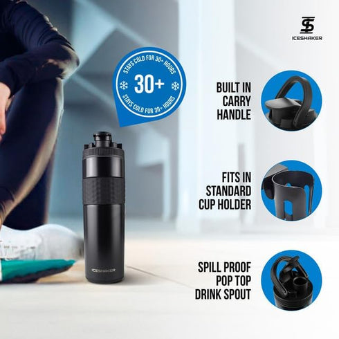 Ice Shaker Insulated Stainless Steel Shaker Bottle | 20 oz, Black | Cold for 24+ Hours | Insulated Cup with Twist-on Agitator | Odor-Free Bottle f...