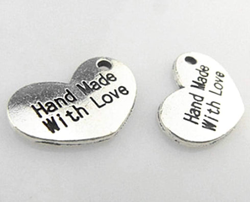 Hand Made With Love Charm,Heart-shaped Word Message Charm Pendant for DIY Jewelry Making Findings(50pcs,Antique Silver Tone)...