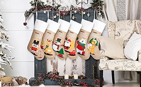 Beyond Your Thoughts Family Burlap Rustic Cartoon Cute Christmas Stocking Oranments Set of 6 (Extra Large) Embroidered Linen Christmas Family Deco...