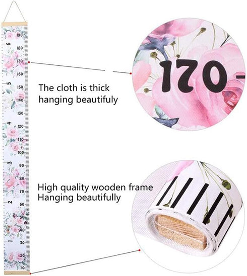 Baby Growth Chart Ruler Kids Roll-up Height Chart Wall Hanging Measurement Chart Wall Decor with Wood Frame for Kids Nursery Room Canvas Removable...