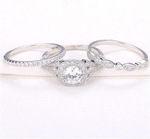 Fashion Ring Set Three-in-One Round Wedding Bands Set Engagement Rings 925 Silver Ring Cubic Zirconia CZ Promise Eternity Band for Women Size 6-10...