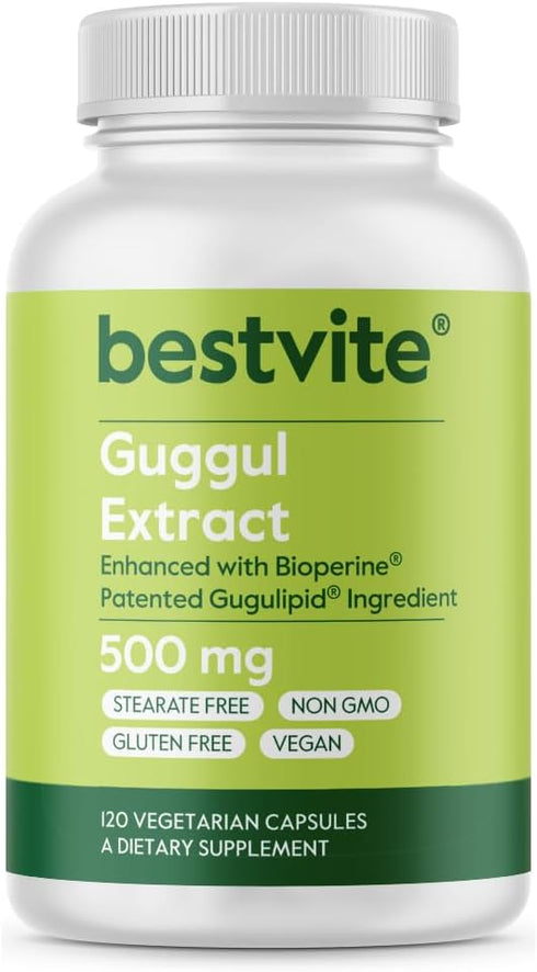 BESTVITE Guggul Extract 500mg (120 Vegetarian Capsules) - Backed by Clinical Research, Patented and Standardized, Enhanced by Bioperine - No Fille...