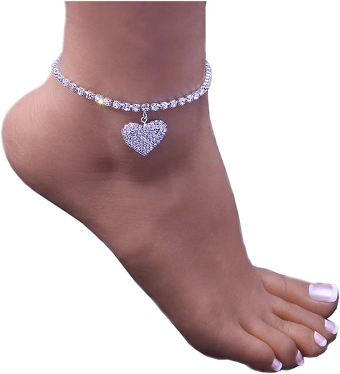 Rhinestone Chain Heart Anklet Bracelet,Crystal Heart Pendant Anklets,Summer Foot Chain Bracelet,Bikini Rhinestone Leg Bracelet Jewelry...