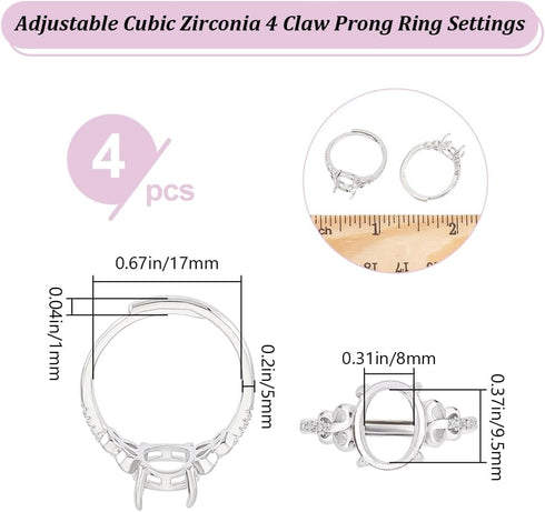 Beebeecraft 1 Box 4Pcs Prong Ring Settings Adjustable Cubic Zirconia 4 Claw Ring Blanks Finger Ring Components for Jewellery Making Kit Findings D...