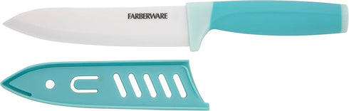 Farberware Ceramic Chef Knife with Custom-Fit Blade Cover, Razor-Sharp Kitchen Knife with Ergonomic, Soft-Grip Handle, Dishwasher-Safe, 6-inch, Aq...