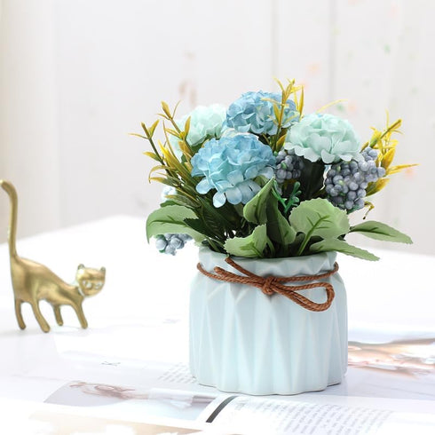 Fake Hydrangeas with Pot, Mini Hydrangea Artificial Flowers Artificial Plant in Ceramic Vase for Office Desktop Decorations (Blue)...