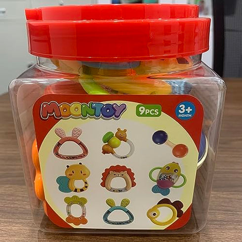 MOONTOY Baby Rattles Teether Set Toys for 0 1 2 3 4 5 6 7 8 9 10 11 12 Month Old Baby Boy Girl, 9PCS Baby Toys Sensory Toys Early Development Newb...