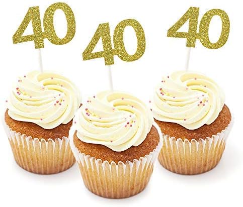 40th Cupcake Toppers, HOKPA 40th birthday Cupcake Toppers, Gold Glitter Number 40 for Birthday Celebrating, Anniversary Party Decor (24PCS)...