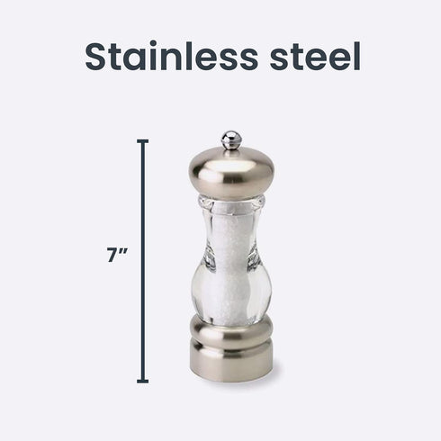 Olde Thompson Del Norte - 7" Stainless Steel Salt Mill - Pre-filled with Sea Salt Crystals, Fully Adjustable Grinding Mechanism, Removable Top, Gr...