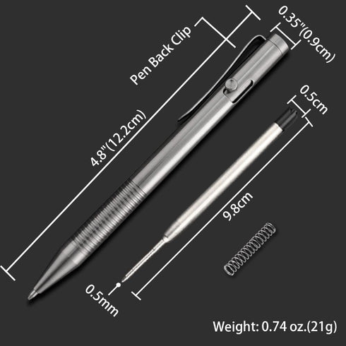 Cool Hand 4.8'' Titanium Alloy Bolt Action Pen, Ballpoint Ink Refillable, Stainless Steel Pocket Clip EDC Business Collection Stylus, with 3 Free ...