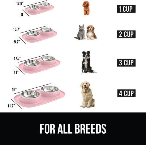 Gorilla Grip 100% Waterproof BPA Free Cat and Dog Bowls Silicone Feeding Mat Set, Stainless Steel Bowl Slip Resistant Raised Edges, Catch Water, F...