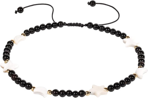 Shell Star and Moon Black Agate Stones Ankle Bracelets for Women Lucky Beaded Anklet Adjustable Summer Foot Jewelry 8.5-10 inch...