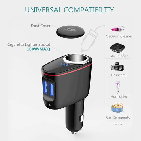 100W Cigarette Lighter Socket Splitter, Car Charger Adapter, Dual USB Quick Charge 3.0 3A and 2.4A USB, Voltage Display Compitable for iPhone,iPad...