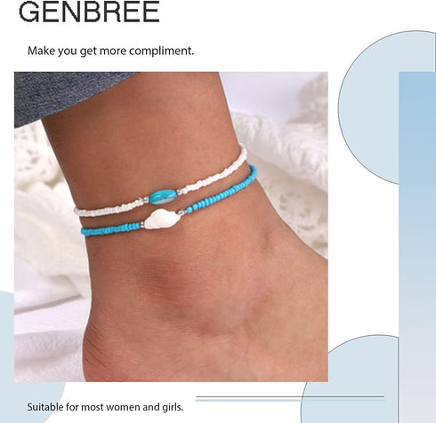 O Boho Beaded Anklets Layered Shell Anklet Bracelet Blue White Stretchy Elastic Foot String Jewelry for Women...