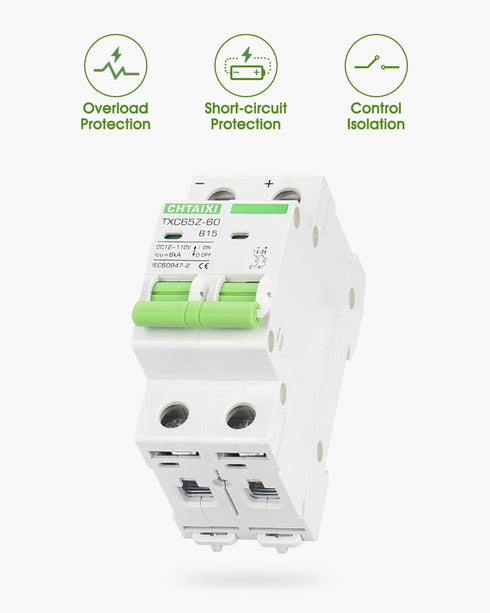 12V-110V DC Miniature Circuit Breaker, 15 Amp 2 Pole Battery Breaker Protector for Solar PV System and RV, Thermal Magnetic Trip, DIN Rail Mount, ...