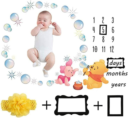 Baby Monthly Milestone Blanket Newborn Photo Props Shoots Backdrop Personalized Animal Yellow Bear Pink Elephant Blowing Bubbles Photography Growi...