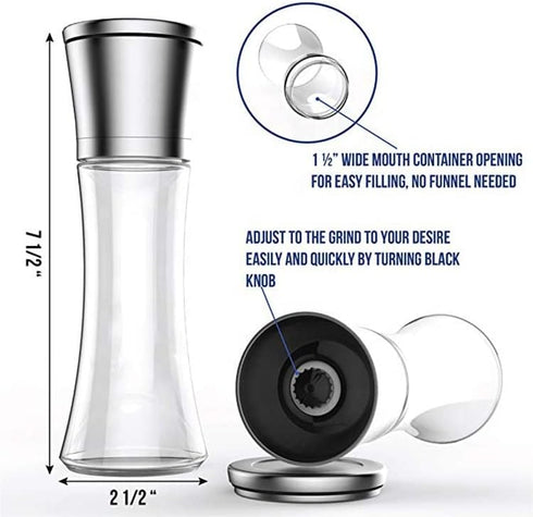 Elegant GRINDER 7 inch tall, Eco-Friendly Stainless Steel and Glass grinder, with Adjustable Ceramic Grinder, Spice Mill, Pepper Grinder or Salt G...