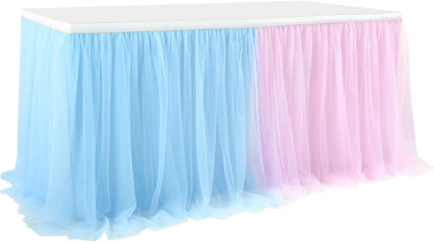 Suppromo 6ft Pink and Blue Tulle Table Skirt for Gender Reveal Tutu Table Clothes Cover for Baby Shower Boy or Girl Birthday Party Wedding Cake Ge...