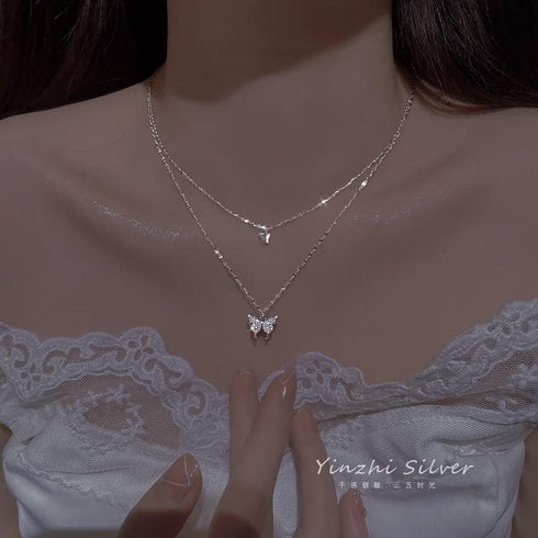Pingyongchang Bohemian Butterfly Pendant Necklace Choker Silver Layered Crystal Choker Necklace Layered Lace Chain Rhinestone Necklace Insect Chai...