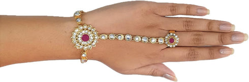 Efulgenz Indian Bollywood Gold Tone Crystal Kundan Finger Ring Link Chain Wedding Bridal Bracelet Hand Harness Slave Bracelet Gift Jewelry...