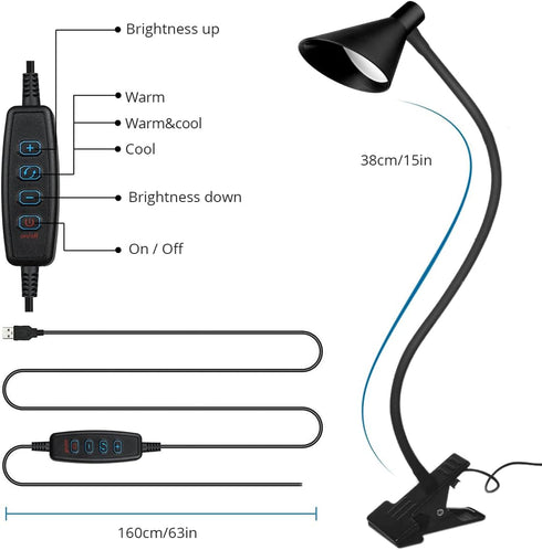 Semlos LED Reading Light, Clamp Lamp 3 Color Modes 5 Brightness, Clip Ligh for Desk Bedside Table, 5W USB Powered, Flexible Arm(Black)...