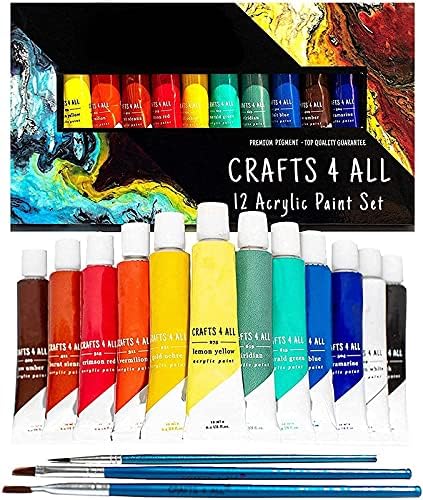 Acrylic Paint Set for Adults and Kids - 12 Pack of 12mL Paints with 3 Art Brushes, Non-Toxic Craft Paint for Easter Eggs, Ceramic Rock Paint - Art...