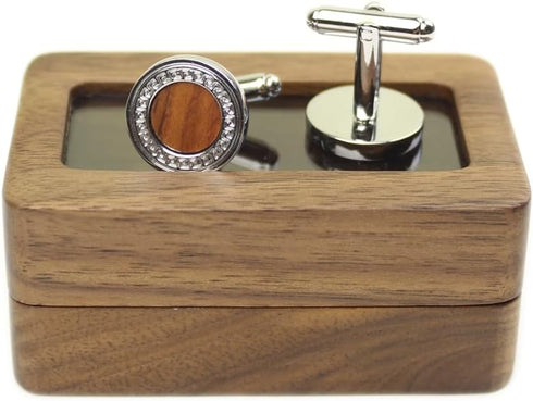 Rustic Black Walnut Wooden Round Cufflinks Tie Clips With Organizer Box for Men...