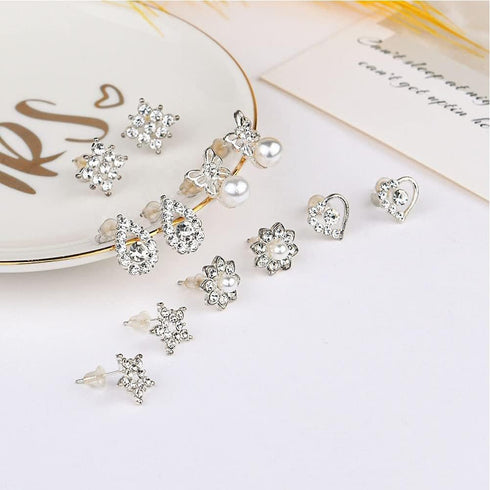 6 Pairs Earrings Set, Hypoallergenic Cubic Zirconia Stud, 925 Sterling Silver Simulated, 9-12 mm, Diamond Pearl Earrings, Jewelry Gif...