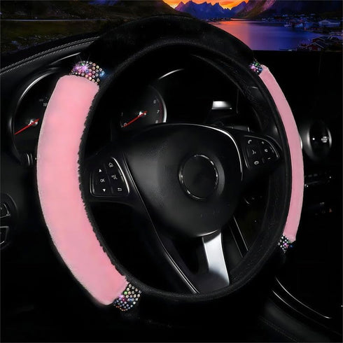 Steering Wheel Cover Universal Standard Size 14.5-15 inch, Soft Fluffy Steering Wheel Cover with Sparkly Crystal Rhinestones for Women Girls (Pink...