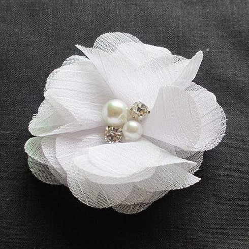 Chenkou Craft Pack of 12pcs Chiffon Flowers Ribbon Bows W/Beads 2-3/8" (60mm) Appliques Wedding Decor Bulk Lots (White)...