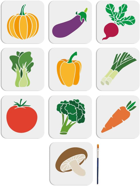 10pcs Vegetables Stencil 6×6inch Farm Vegetable Drawing Stencil with Painting Brush Reusable Pumpkin Eggplant Tomato Carrot Radish Painting Stenci...