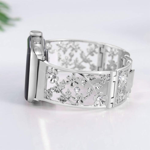 Floral Band Compatible with Apple Watch Jewelry Band 38mm 40mm 41mm 42mm iWatch Bands Series 10 9 8 7 SE,Bling Crystal Bracelet Hollow Metal Strap...