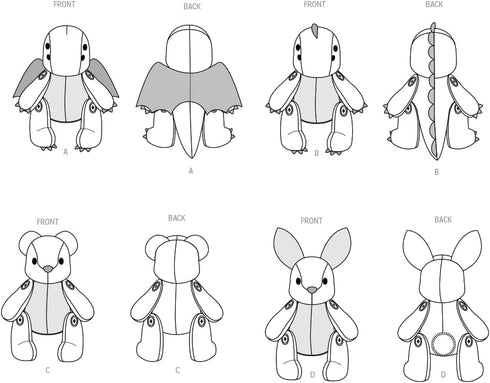 Simplicity Chubby Puppy, Lamb, Bunny, Kitten, and Dragon Plush Animals Sewing Pattern Packet, Design Code N6736, 13" Tall, Multicolor...