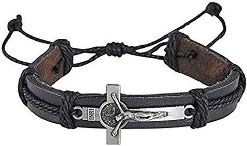 Christian Brands St Benedict Medal Crucifix Leather Bracelet, Set of 2...
