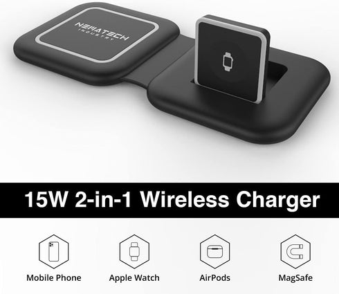 NemaTech Foldable & Portable Mobile 2-in-1 Wireless Charging Station, Fast Charging for Apple Watch, AirPods, iPhone 14/13/12/11/XR, Samsung Galax...