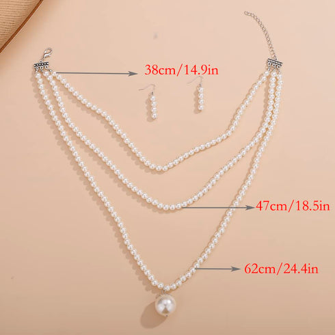 Multilayer Long Imitation Pearl Statement Necklace with Pearl Pendant and Earrings Set Vintage Costume Jewelry for Women Girls...