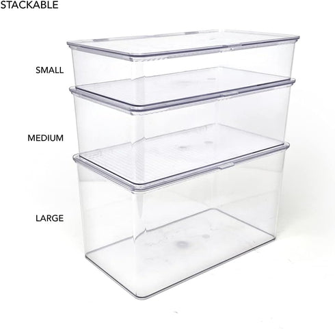 Isaac Jacobs Large Stackable Organizer Bin (10.75” x 6.5” x 6.1”) w Hinged Lid Clear Storage Box Home Office School Fridge Bathroom Kitchen Pantry...