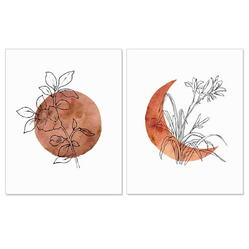 Terracotta Sun and Moon Print, Flower Sun, Minimal Wall Art, Boho Decor, Abstract Moon, Flower Line Print, Sunset Art, Set of 2 Prints - 8x10 inch...