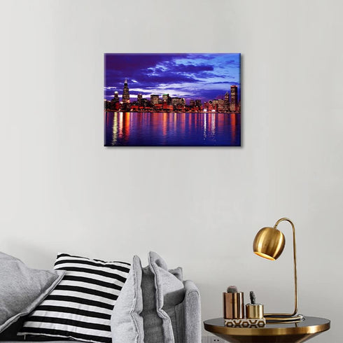 Chicago Cityscape at Night Wall Art Painting on Canvas Michigan Lake Bedroom Wall Art Modern Urban Building Panorama House Decorations for Living ...