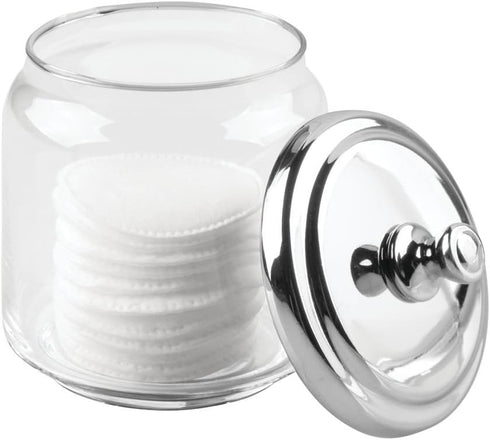 iDesign York Bathroom Vanity Glass Apothecary Jar for Cotton Balls, Swabs, Cosmetic Pads - Clear/Polished Lid,Small...