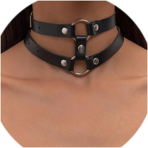 Black Leather Choker Punk Short Collar Gothic 2-tier Circle Rivet Necklace Soft PU Leather Short Neck Accessories for Women...
