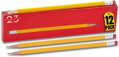 WoodCased Pencils, Yellow, Pre-sharpened, Pencils with Erasers, 2 HB 12 Pack...