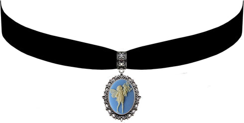 Victorian Vault Cherub Angel Cupid Blue Cameo Steampunk Victorian Vintage Inspired Gothic Pendant Necklace on Velvet Choker...