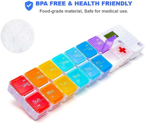 7 Day Pill Organizer,4 Reminder Alarms, Loud Sound,14 Large Compartments,Large Screen,Moisture-Proof Design,Hold Vitamins,Fish Oil,Supplements,Wee...