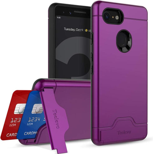 Teelevo Wallet Case for Google Pixel 3, Dual Layer Case with Card Slot Holder and Integrated Kickstand for Google Pixel 3 - Purple...